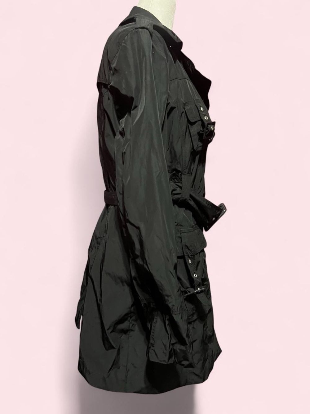 Large BEBE Black Utility Trench Coat with Belt - Picture 7 of 8